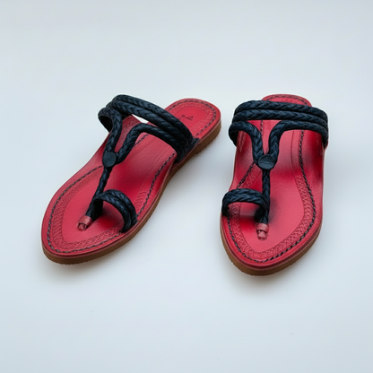 Karagiri Scarlet Braided Flats| Kharigari | Women | Leather Kolhapuri Chappal
