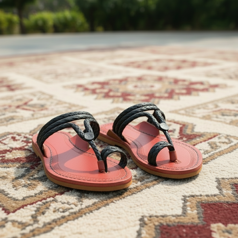 Karagiri Scarlet Braided Flats| Kharigari | Women | Leather Kolhapuri Chappal