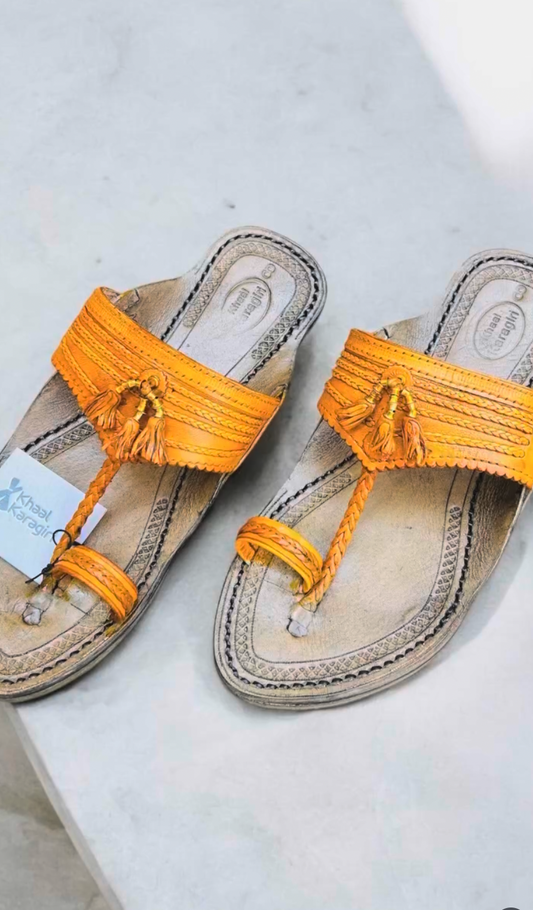 Khaal Kolhapuri Chappal for Men - Yellow and Grey