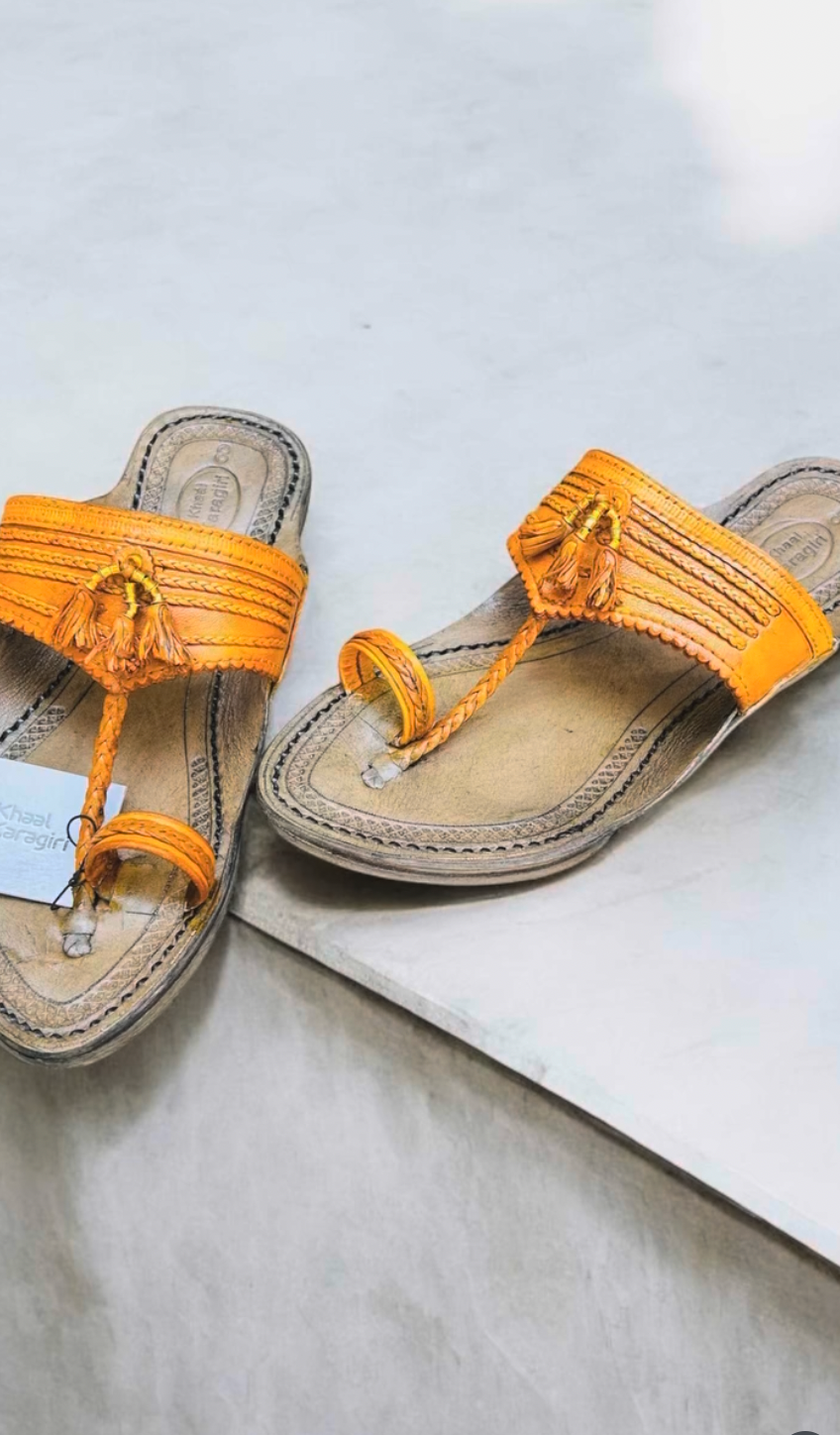 Khaal Kolhapuri Chappal for Men - Yellow and Grey