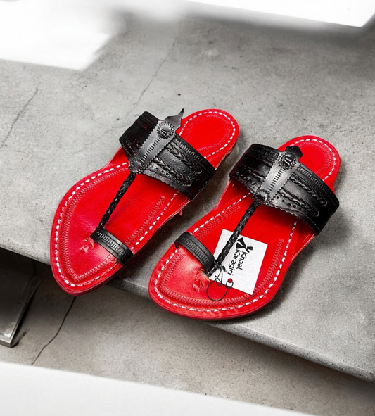 Khaal Kolhapuri Chappal for Men - Red and Black