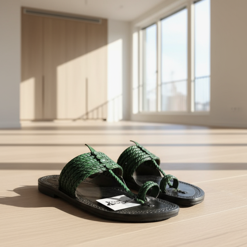 Pair of sandals with green braided straps on a light background