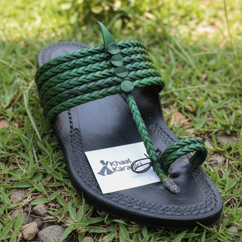 Gray sandal with green braided strap on a light stone surface, featuring Khaal Karagirl logo.