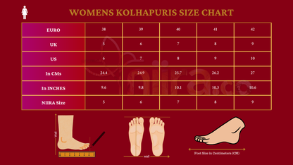 Womens Kolhapuris size chart on a red background