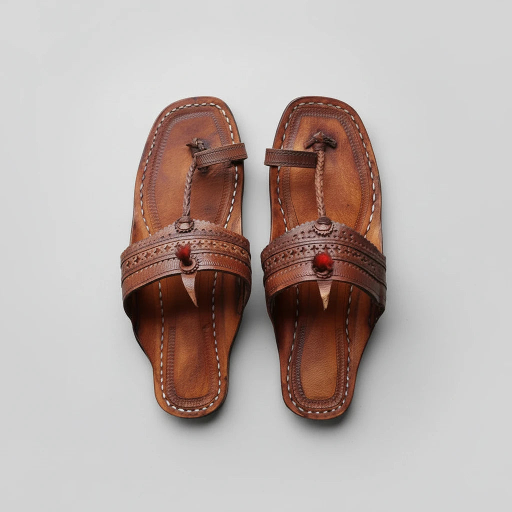 A pair of brown leather thong sandals with decorative stitched straps and small red bead details, laid flat on a textured gray concrete surface.