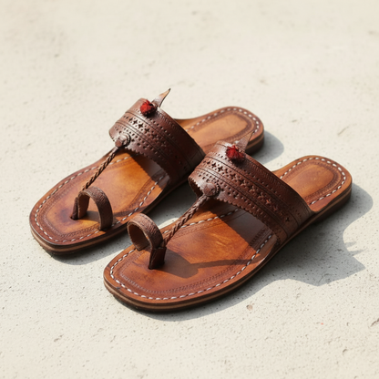 Pair of brown leather sandals on a gray concrete surface