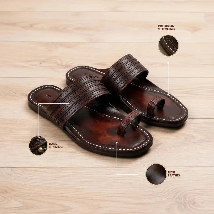 A pair of dark brown leather thong sandals displayed on a light wood floor, with callout circles highlighting features such as hand braiding, precision stitching, and rich leather texture.