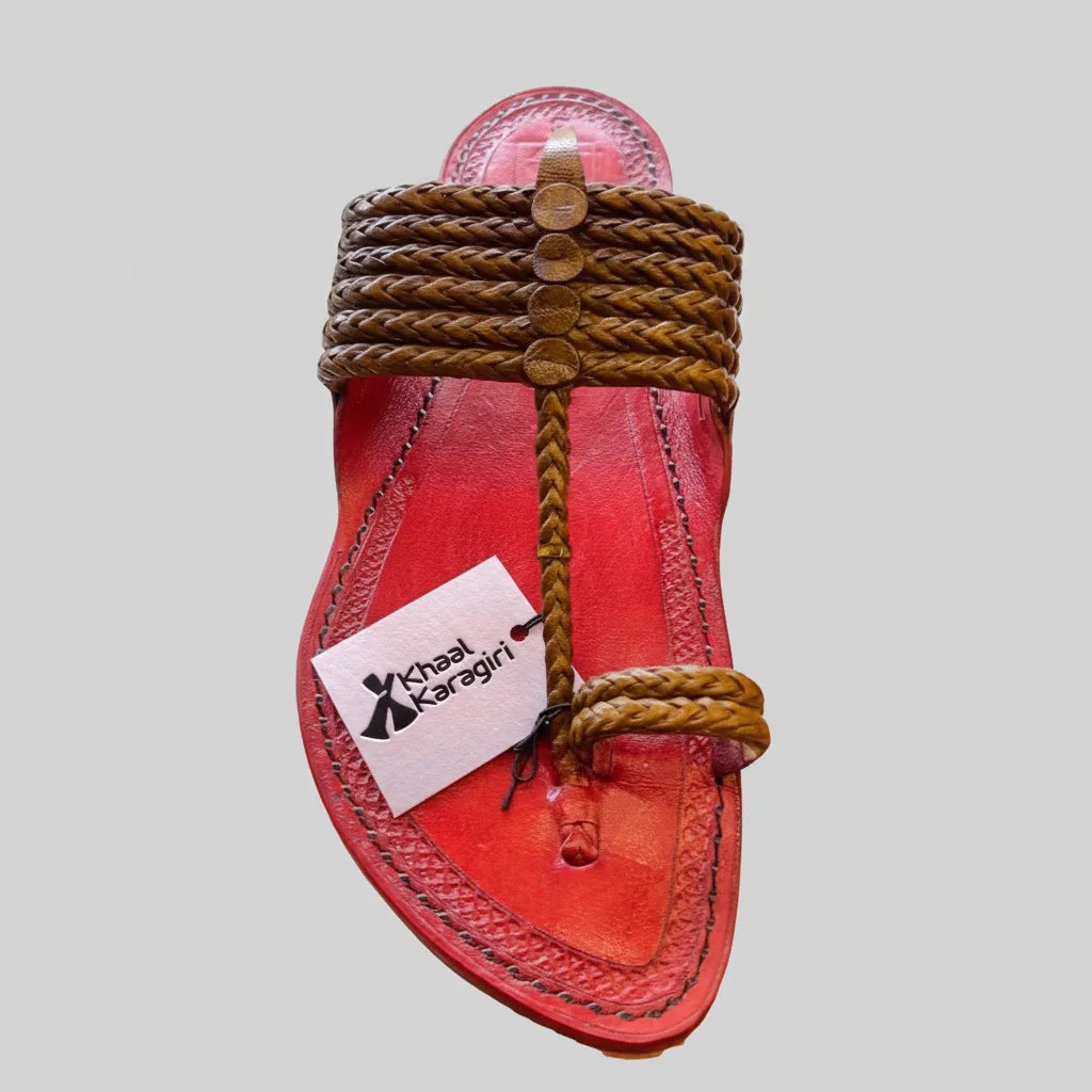 Khaal Kolhapuri Chappal for Men- Red
