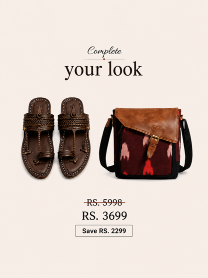 The Double Dark Kolhapuri Chappal+ Nomad Archive Bag