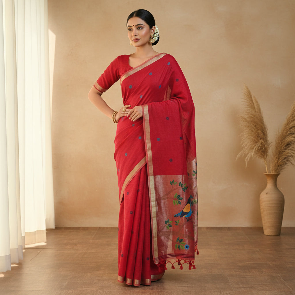 Red saree with bird and floral patterns on a white background