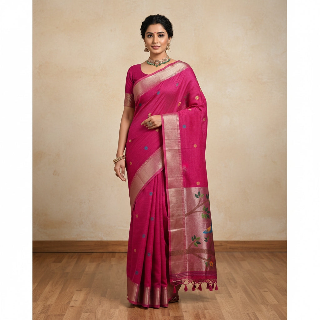 Pink saree with bird and floral patterns, held by a person, with flowers in the background.
