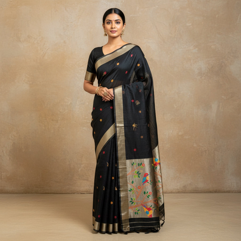 Dark fabric with colorful embroidered patterns on a wooden surface