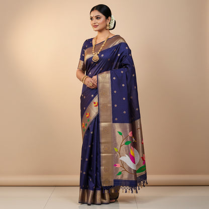 Saree with blue fabric and colorful bird design on a white background