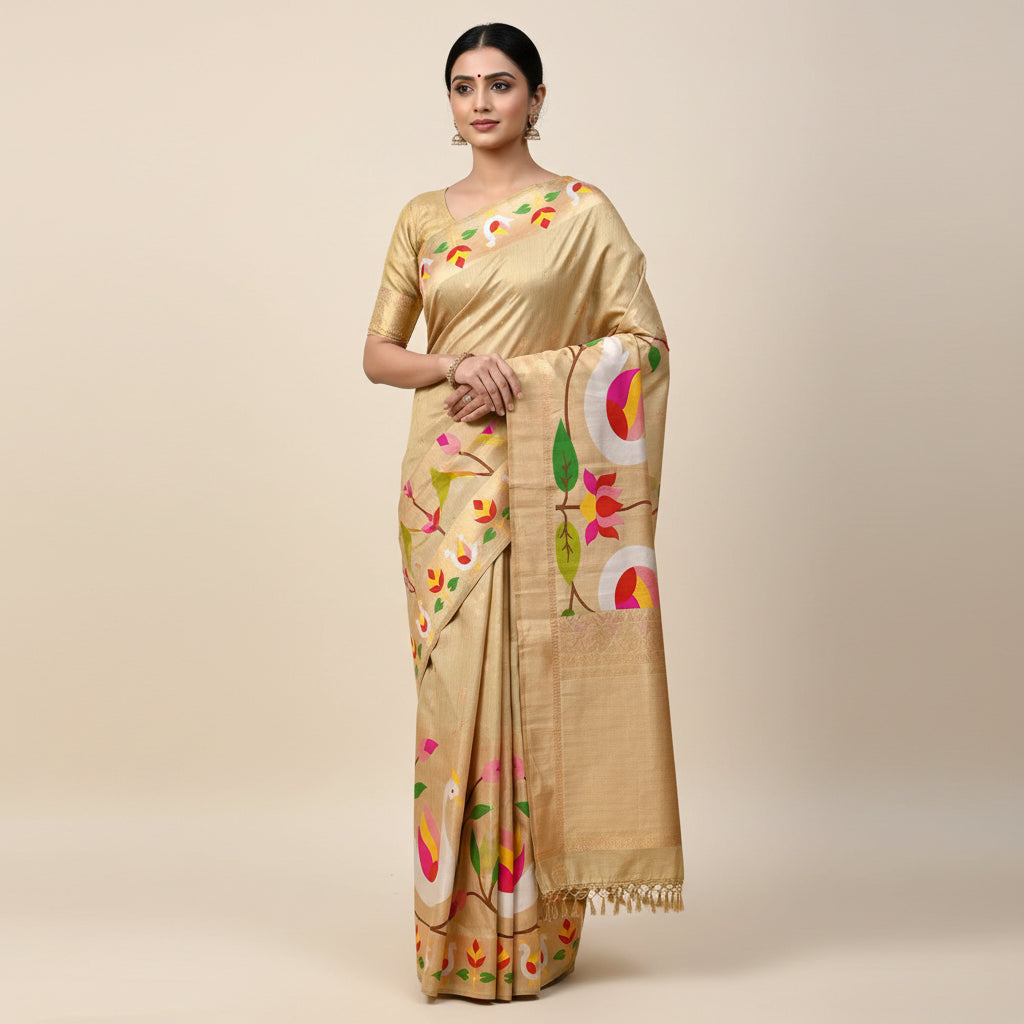 Beige fabric with colorful bird and leaf patterns on a light blue background