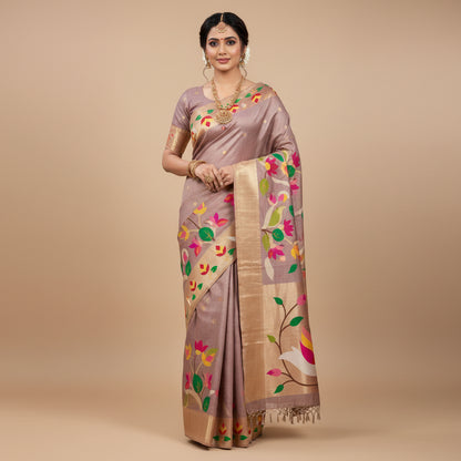 Saree with colorful design on a white background