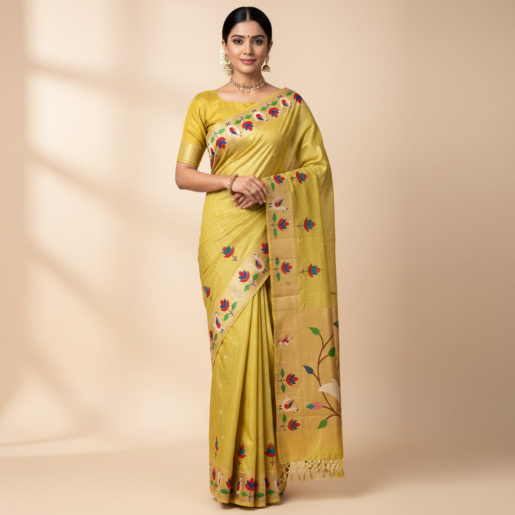 Decorative yellow fabric with peacock and floral patterns on a white background
