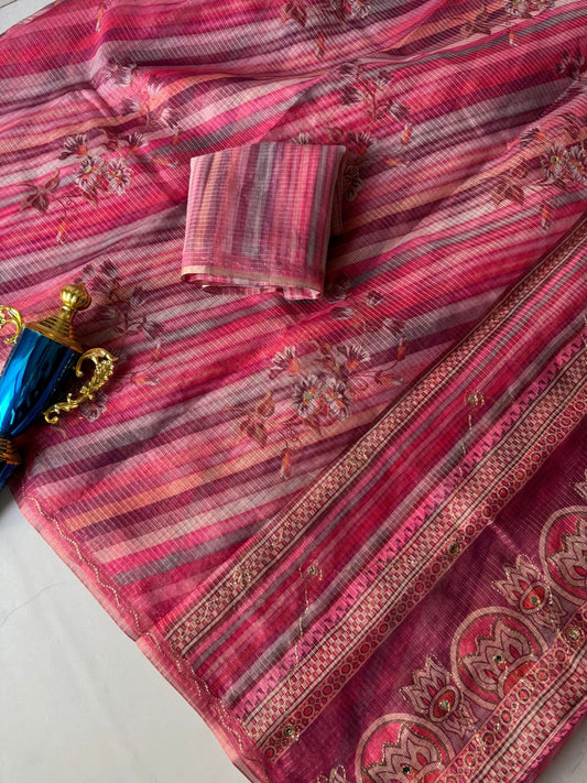 Floral Glow Kota Doria Saree - Lightweight Handwoven Floral Print Traditional Saree | NIIRA