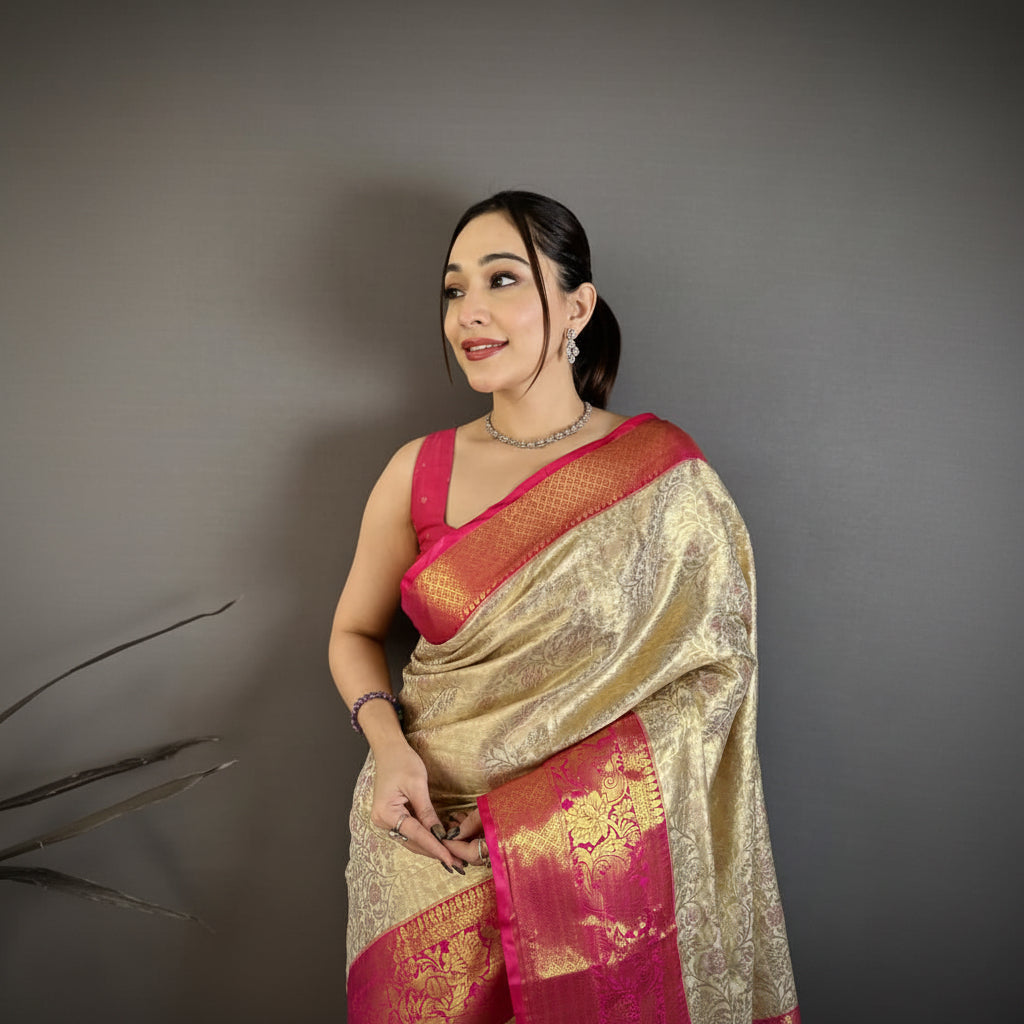 Woman wearing a traditional saree with a red and gold border against a plain background