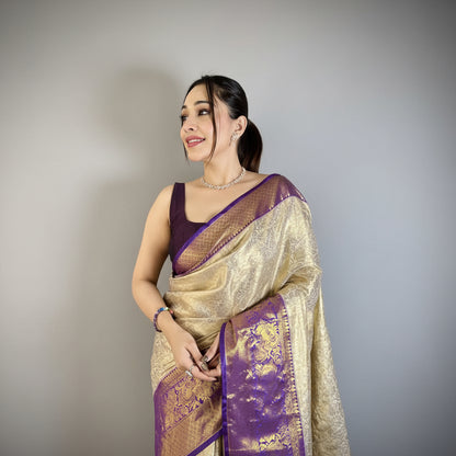 Woman wearing a gold and purple saree against a plain background