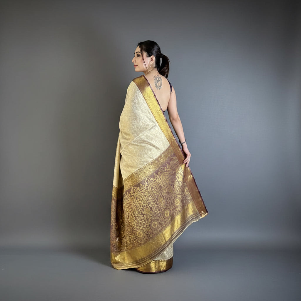 Woman wearing a gold and beige saree in a room with a plant and chair.