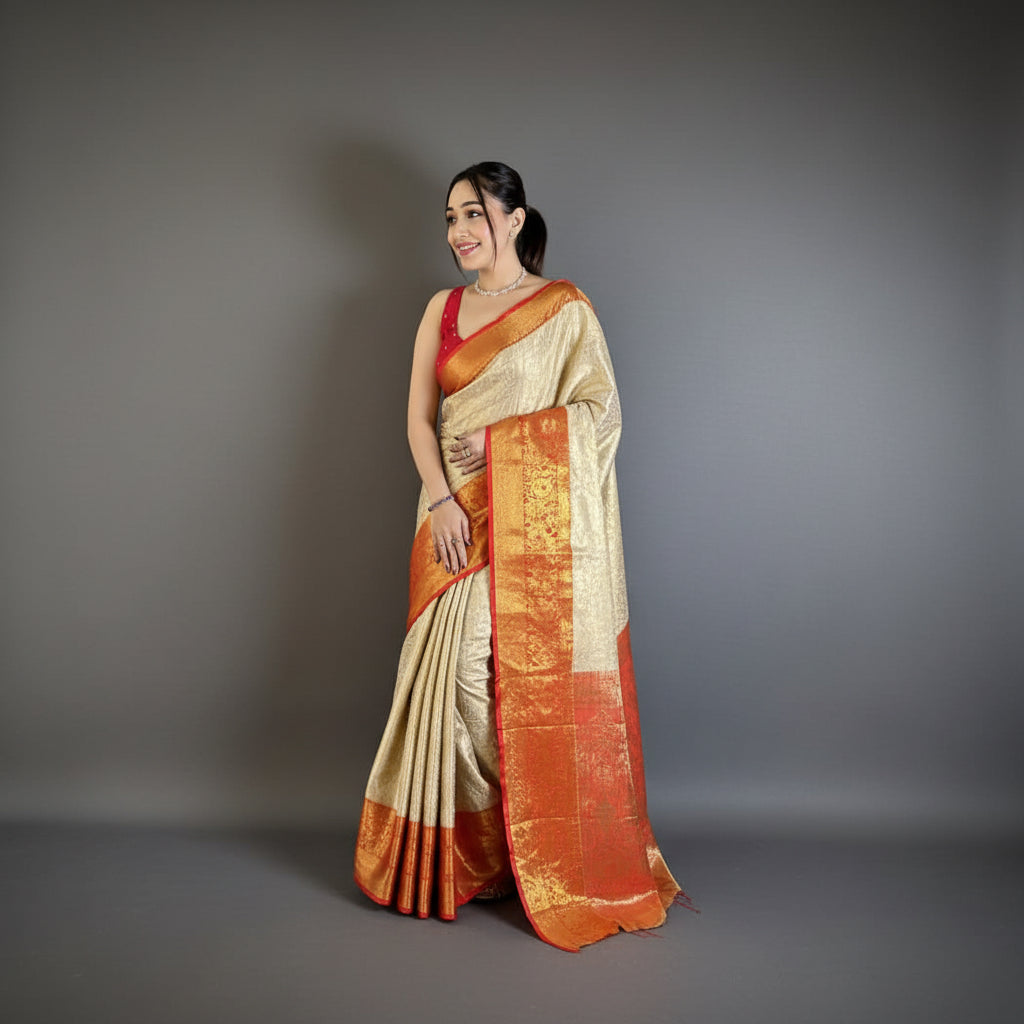 Woman in a traditional saree standing against a gray wall with a plant and chair in the background.