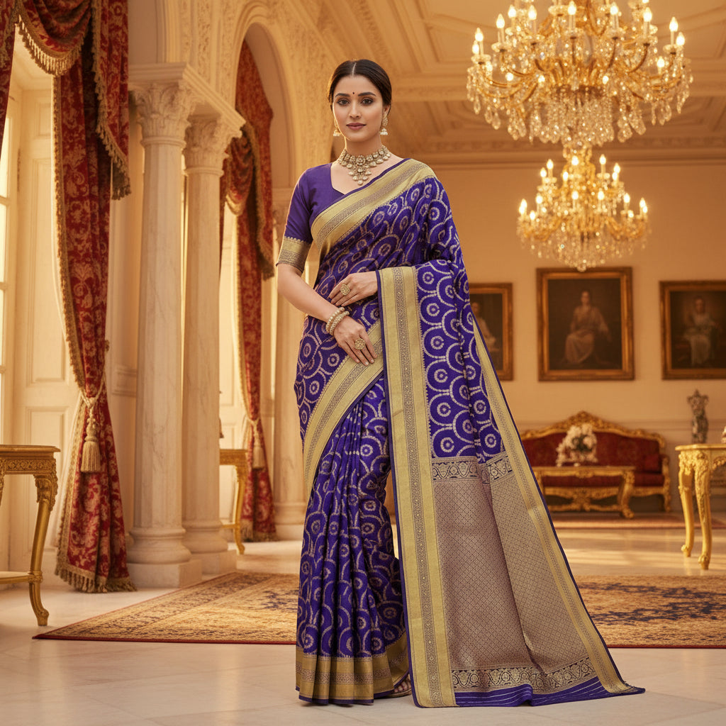 Purple and gold saree with intricate patterns, worn by a model 
