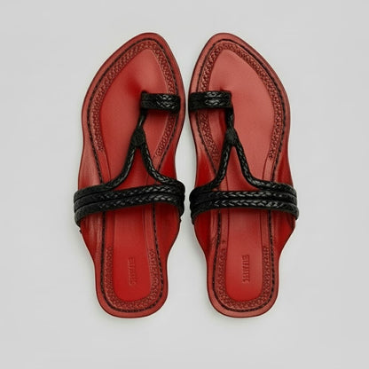 Karagiri Scarlet Braided Flats| Kharigari | Women | Leather Kolhapuri Chappal