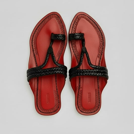 Karagiri Scarlet Braided Flats| Kharigari | Women | Leather Kolhapuri Chappal