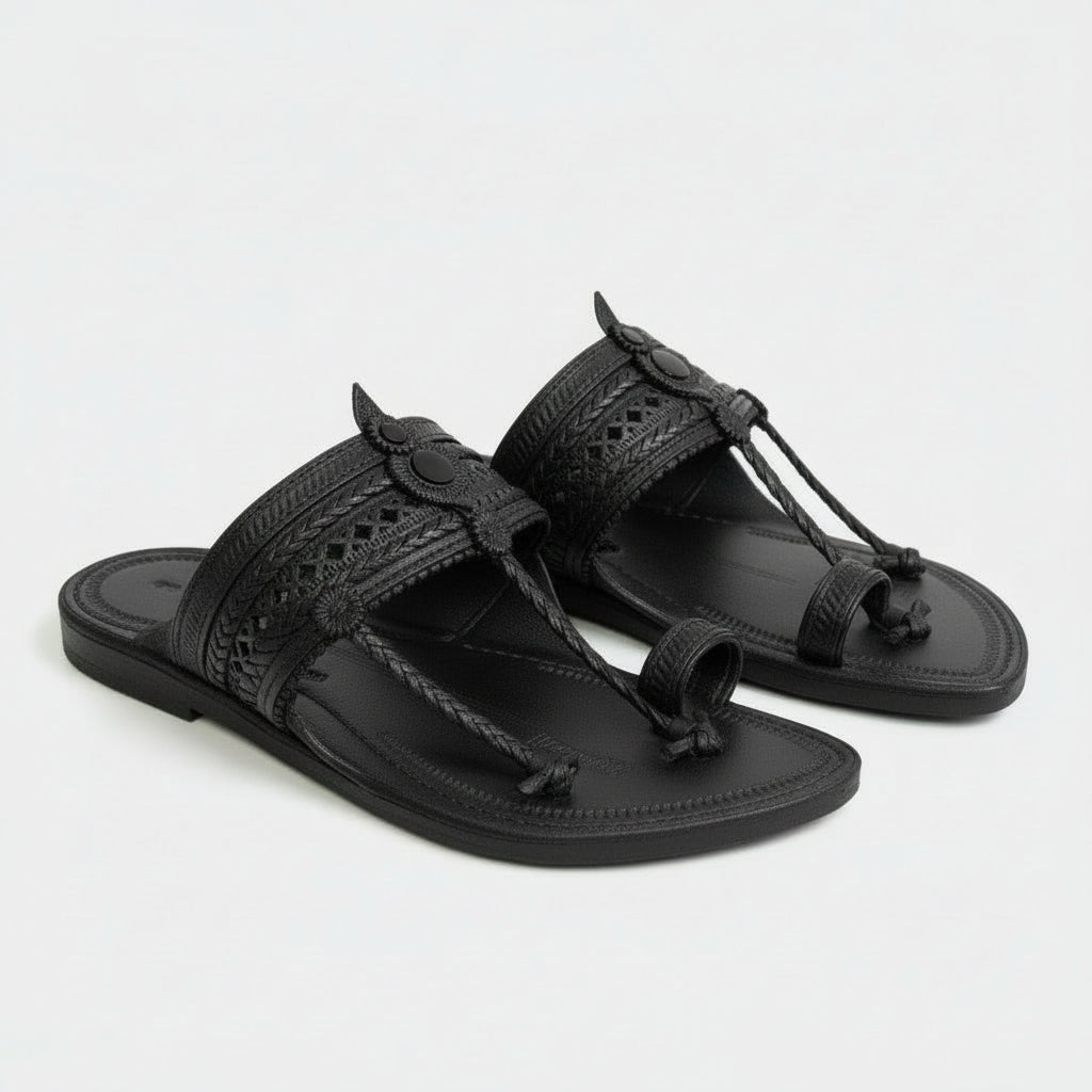 The Double Dark | Men |  Leather Kolhapuri Chappal | Black