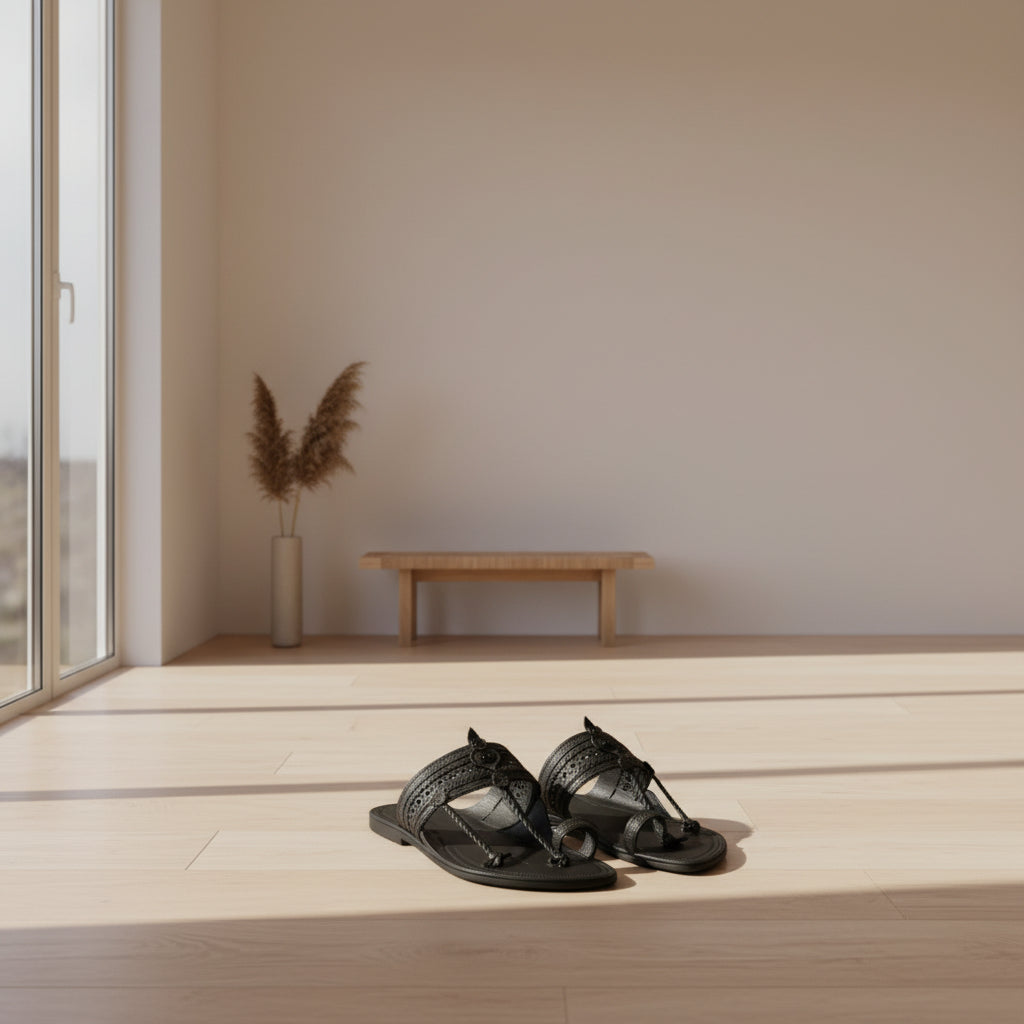 The Double Dark | Men |  Leather Kolhapuri Chappal | Black