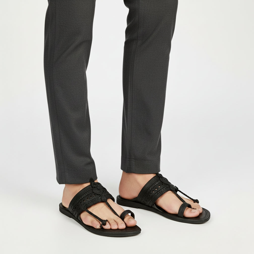 The Double Dark | Men |  Leather Kolhapuri Chappal | Black