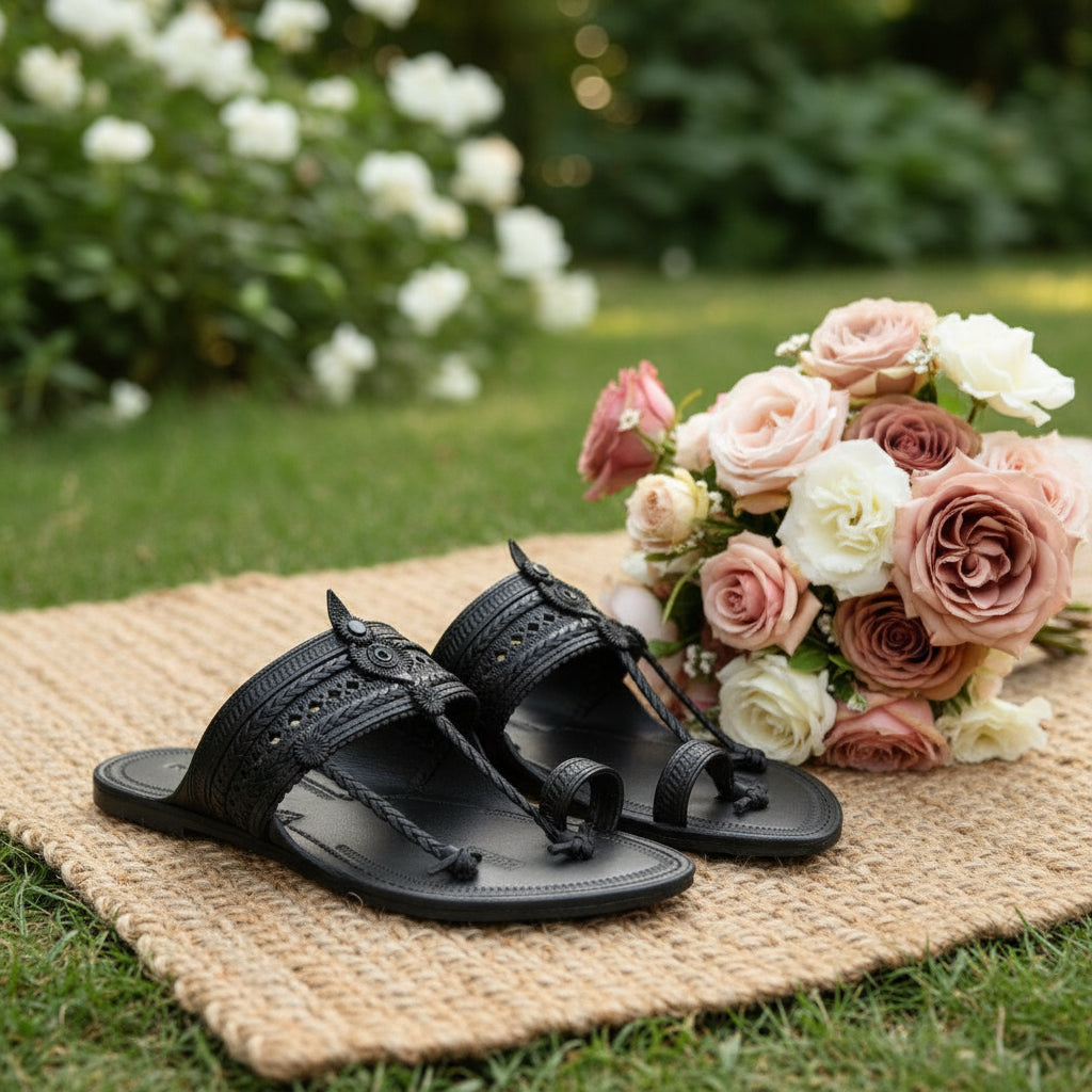 The Double Dark | Men |  Leather Kolhapuri Chappal | Black