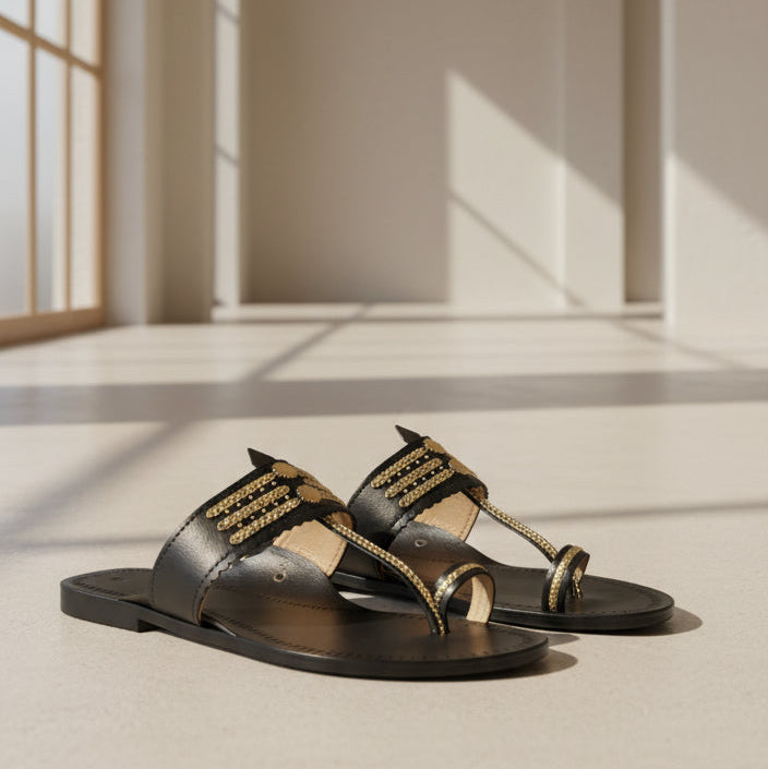 The Mina | Women | Leather Kolhapuri Chappal | Black