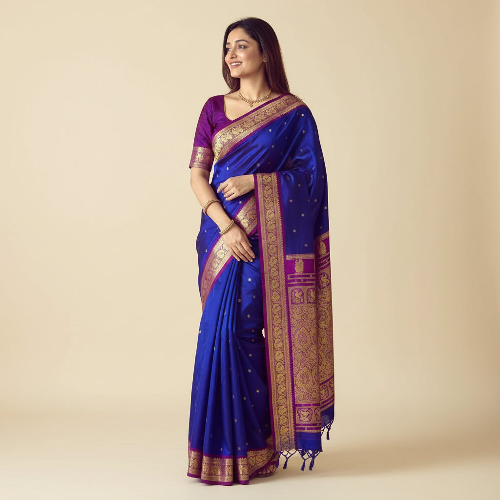 Woman wearing a blue and purple saree with gold patterns, standing in front of a wall clock.
