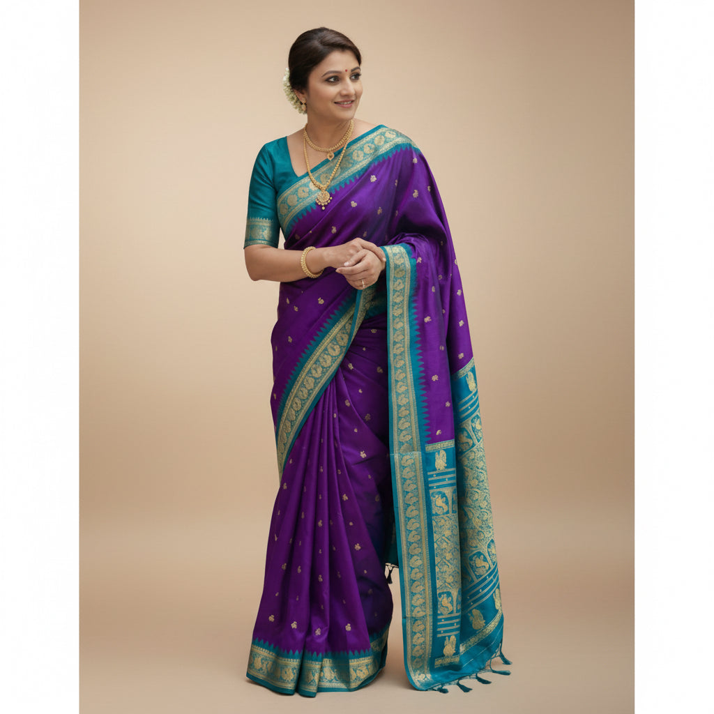 Woman wearing a purple saree with blue and green border, alongside a close-up of the saree on a white surface.