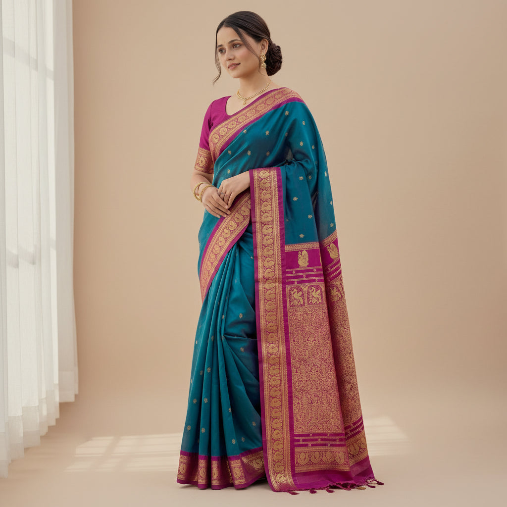 Woman wearing a blue and pink saree with close-up of the saree on a white background