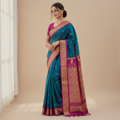 Woman wearing a blue and pink saree with close-up of the saree on a white background