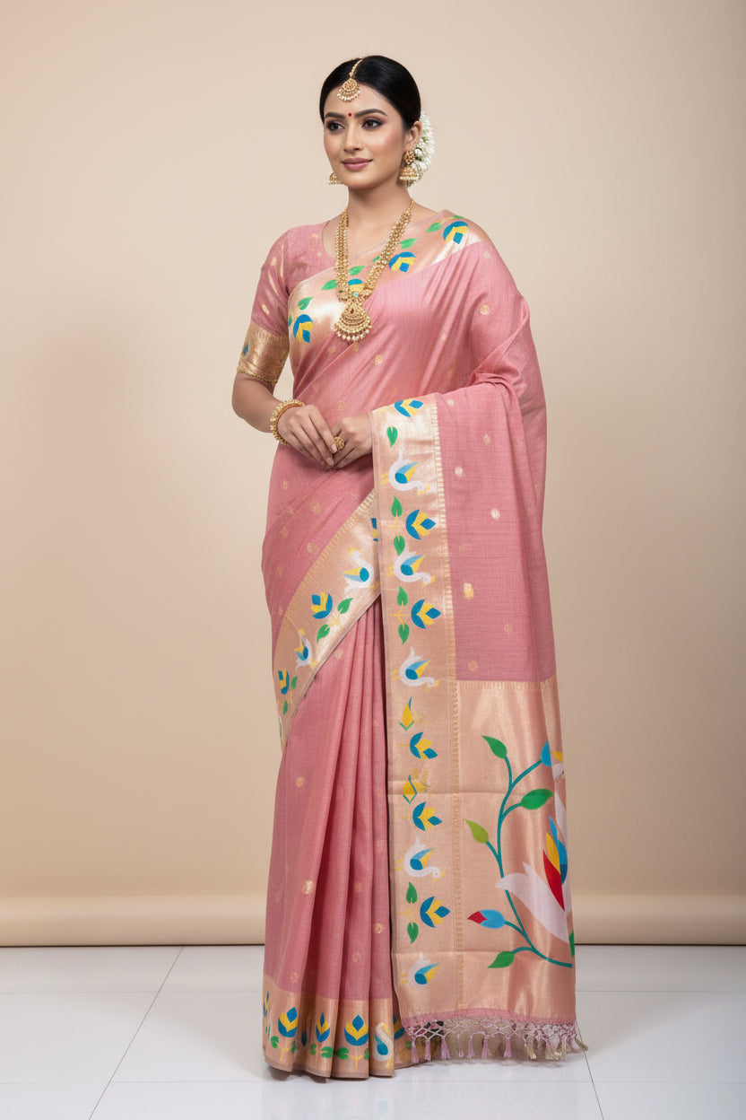 Pink fabric with colorful patterns on a white background