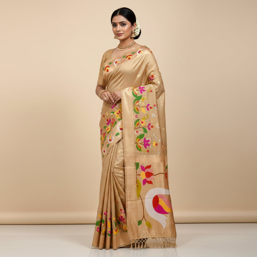 Beige fabric with colorful swan design on a tiled floor