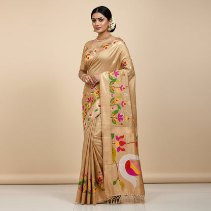 Beige fabric with colorful swan design on a tiled floor