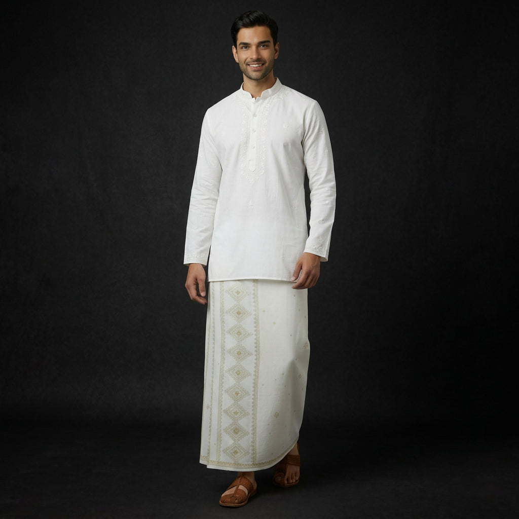 Cotton Kora Khaadi Dhoti - Lungi Wrap| Block Printed Dhoti - Lungi Wrap for Men | 100% Handwoven Cotton | Ethnic Comfort Wrap - Squares