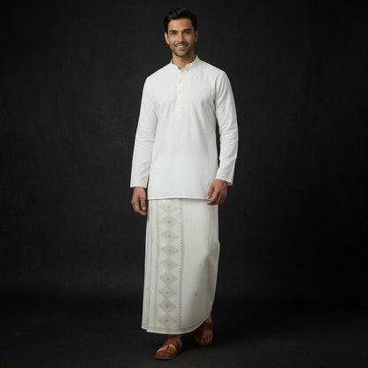 Cotton Kora Khaadi Dhoti - Lungi Wrap| Block Printed Dhoti - Lungi Wrap for Men | 100% Handwoven Cotton | Ethnic Comfort Wrap - Squares