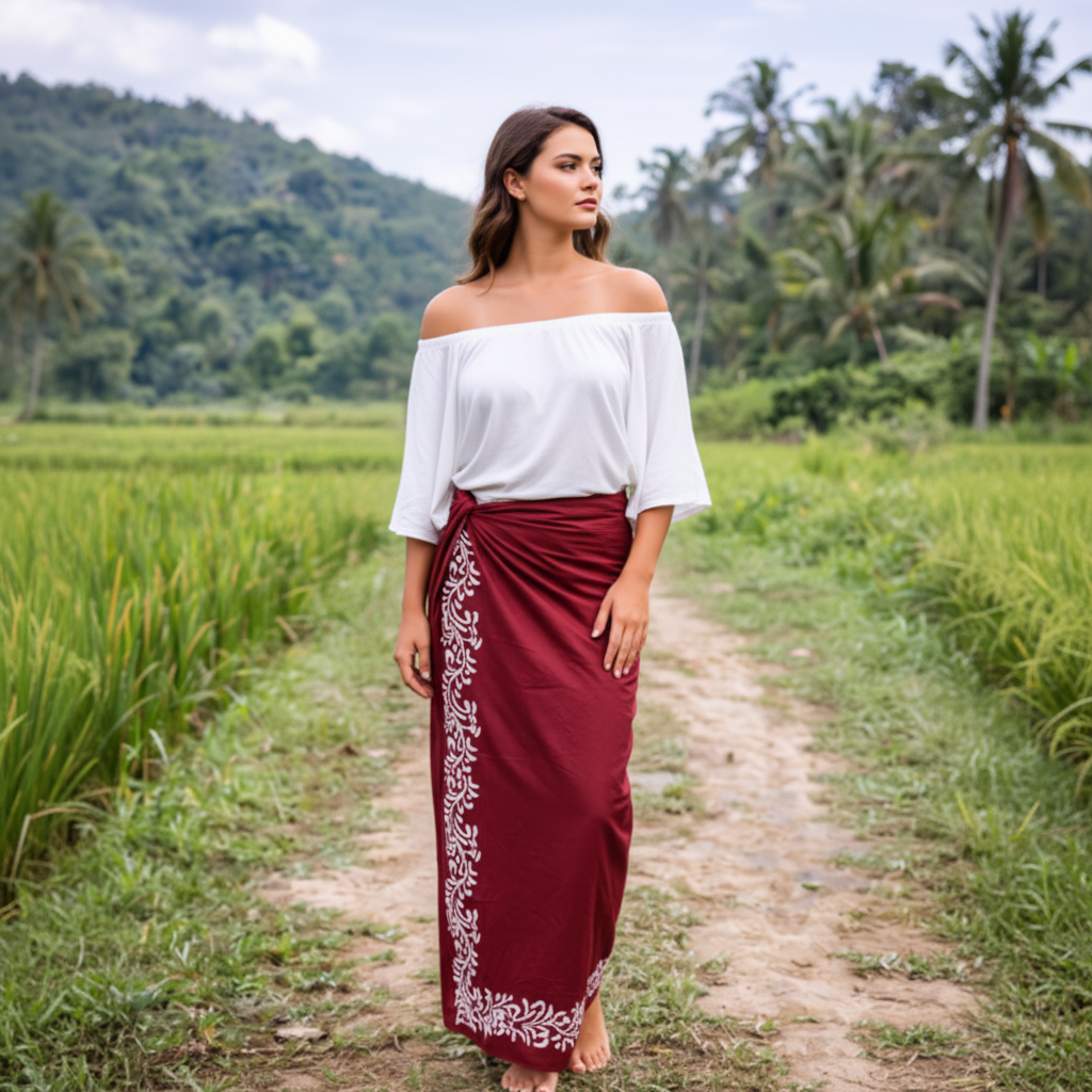 Woman in a white top and maroon skirt with white patterns standing in a lush green field.
