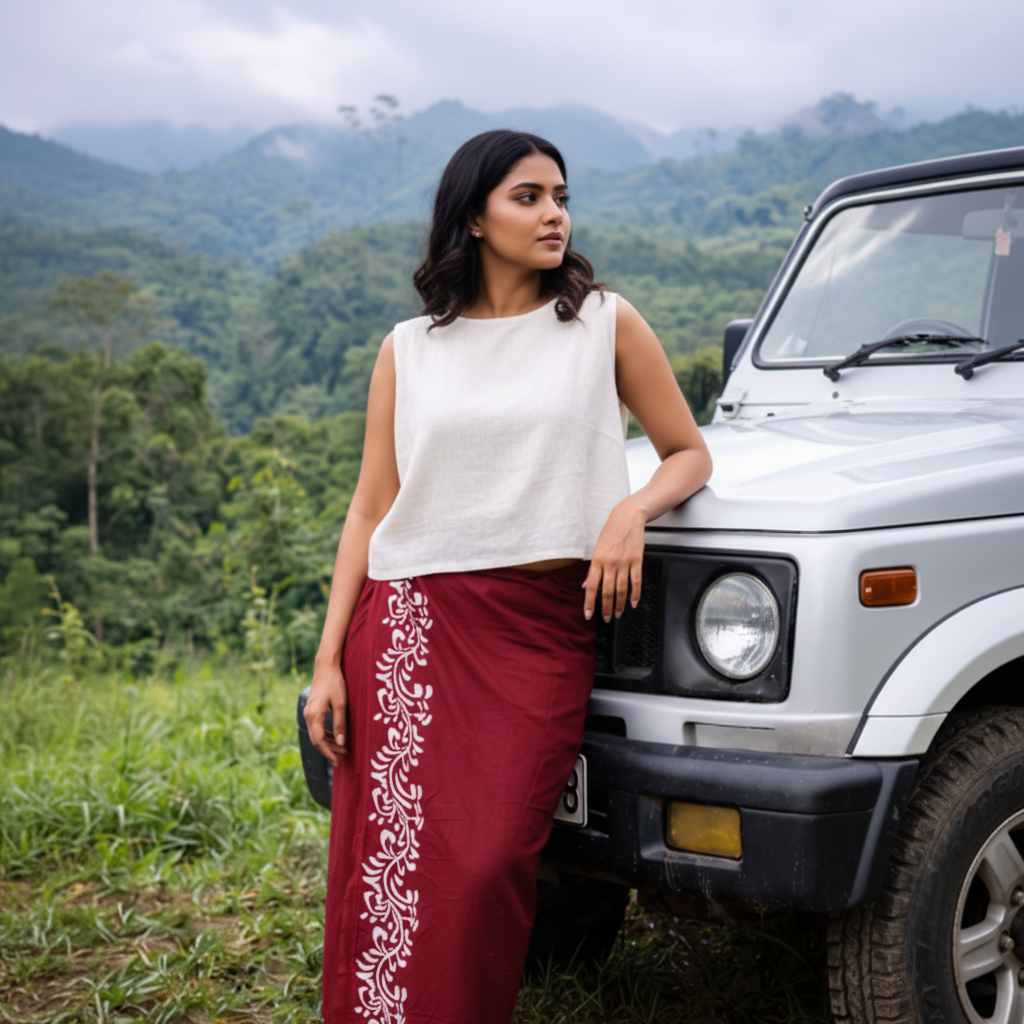 Four images of a man wearing a light shirt and red traditional skirt with white patterns, set against natural landscapes.