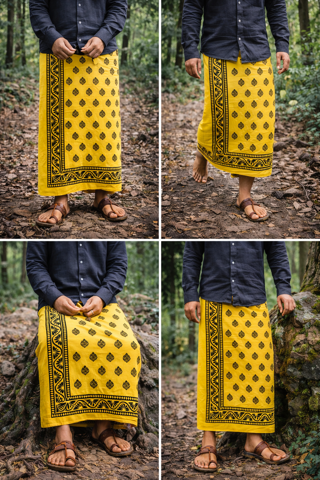 Person wearing a yellow patterned skirt in a forest setting