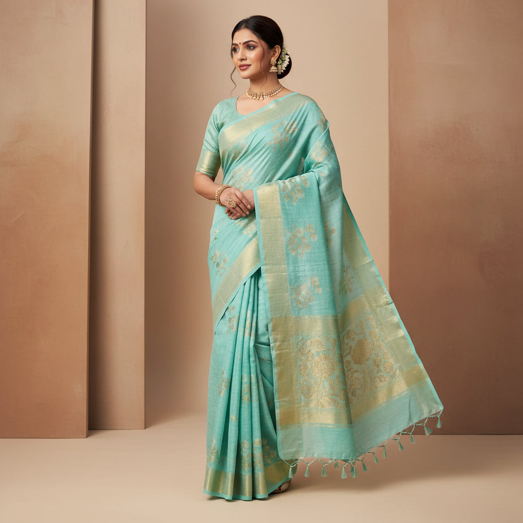 Turquoise saree with gold patterns on a white background