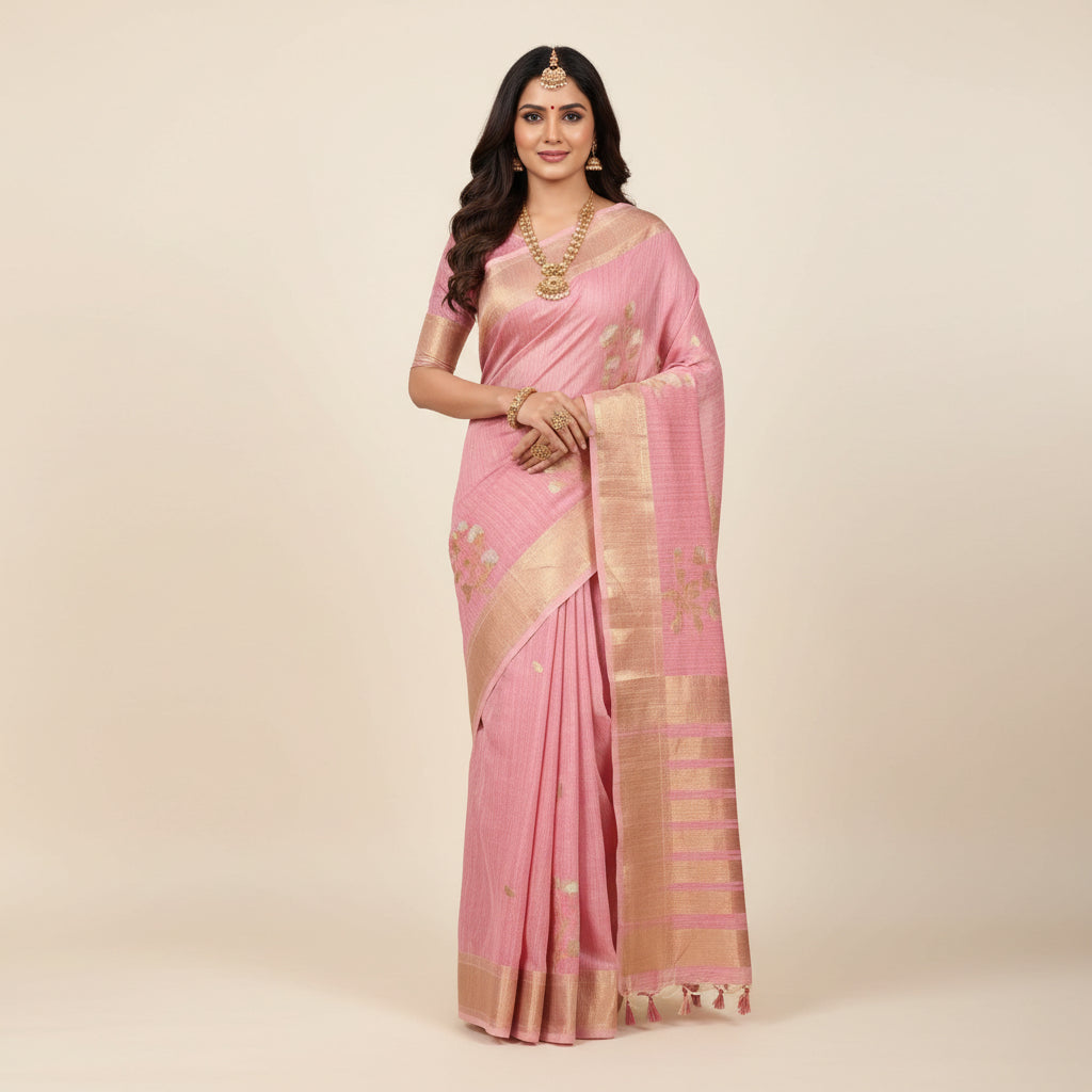 Pink saree with gold patterns on a white background