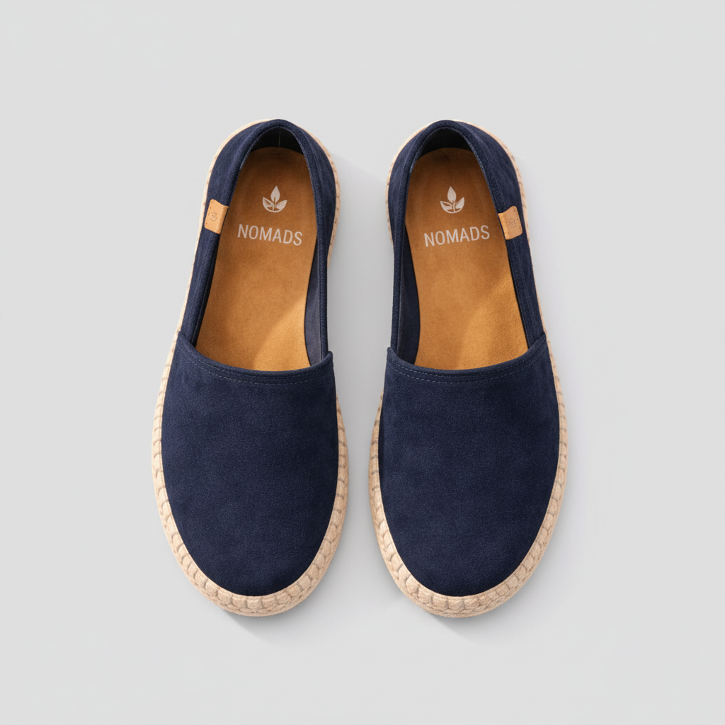 Pair of navy blue espadrilles with 'Nomads' branding on a textured surface.