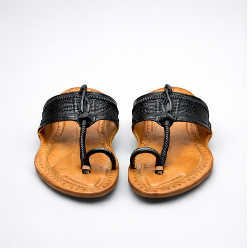 Pair of black and brown sandals on a white background