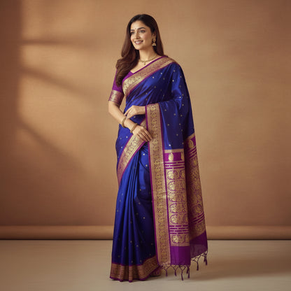 Woman wearing a blue and purple saree with gold patterns, alongside a close-up of the saree.